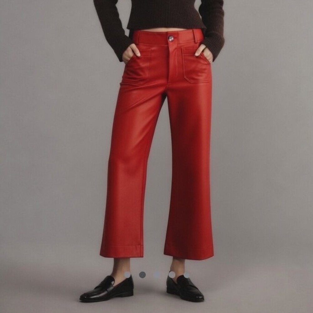 Maeve The Colette Faux Leather Wide Leg Cropped Pants Red High Rise 28